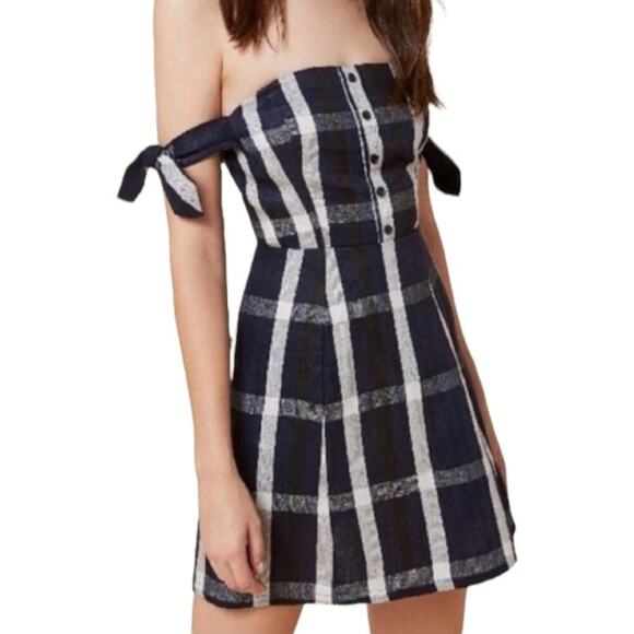 Reformation Linen Mini Dress Plaid Tie Off The Shoulder Arnaut Summer Dress - Picture 3 of 14